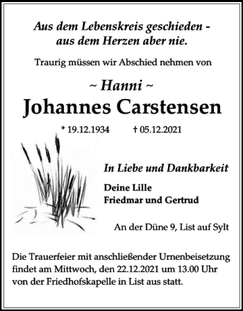 Traueranzeige von Johannes Carstensen von Sylter Rundschau