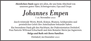 Traueranzeige von Johannes Empen von Husumer Nachrichten