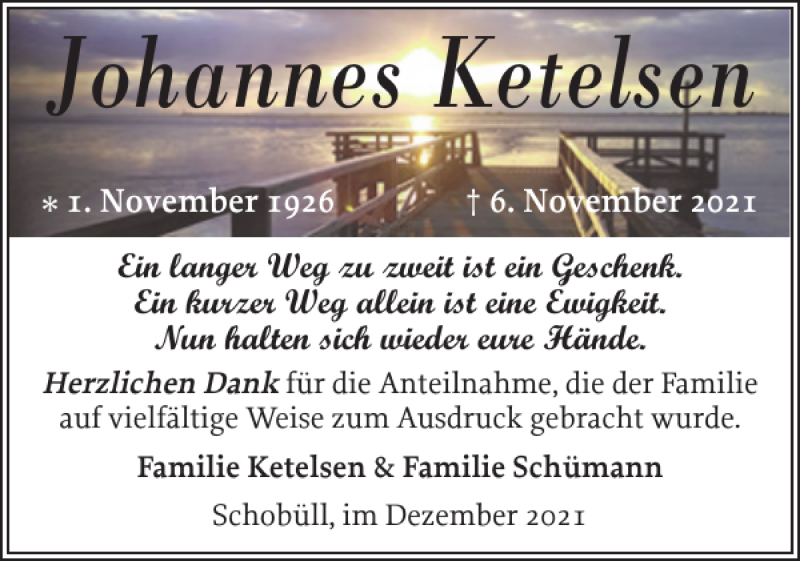  Traueranzeige für Johannes Ketelsen vom 18.12.2021 aus Husumer Nachrichten
