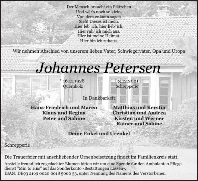  Traueranzeige für Johannes Petersen vom 11.12.2021 aus Flensburger Tageblatt