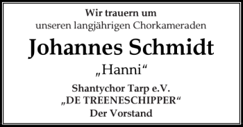 Traueranzeige von Johannes Schmidt von Flensburger Tageblatt