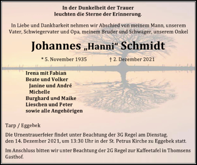  Traueranzeige für Johannes Schmidt vom 08.12.2021 aus Flensburger Tageblatt