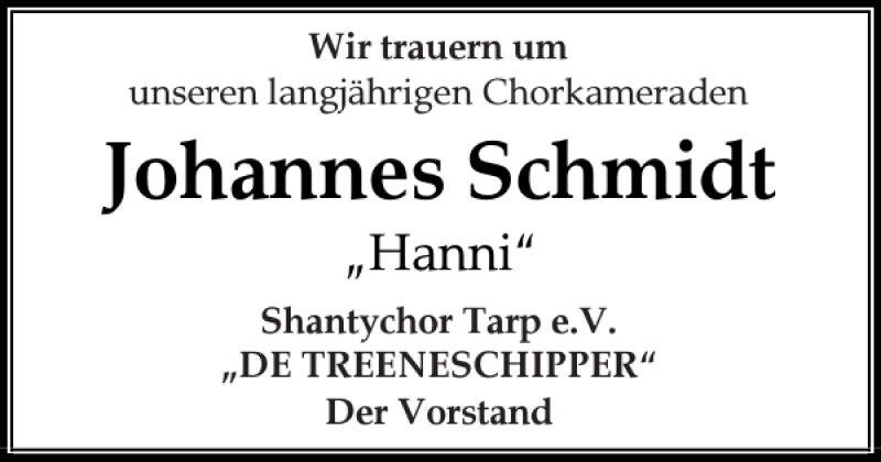 Traueranzeige für Johannes Schmidt vom 15.12.2021 aus Flensburger Tageblatt