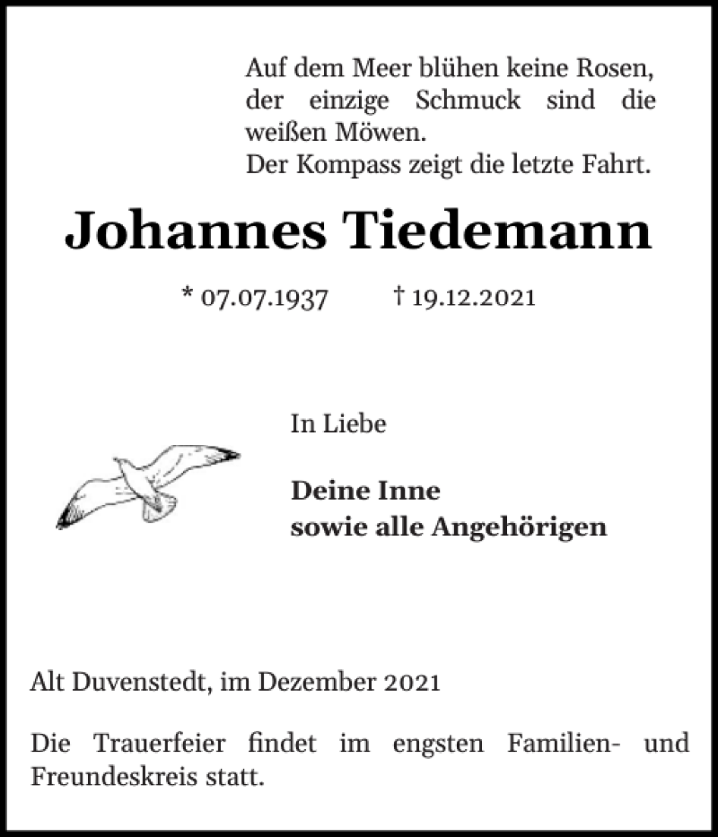  Traueranzeige für Johannes Tiedemann vom 21.12.2021 aus Landeszeitung
