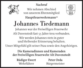 Traueranzeige von Johannes Tiedemann von Landeszeitung