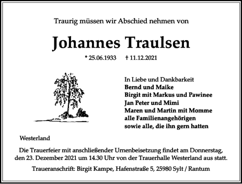  Traueranzeige für Johannes Traulsen vom 21.12.2021 aus Sylter Rundschau
