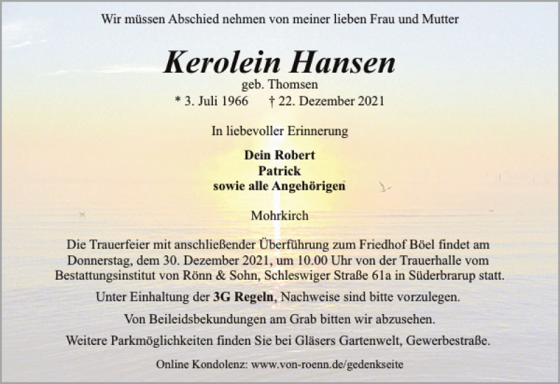  Traueranzeige für Kerolein Hansen vom 27.12.2021 aus Flensburger Tageblatt