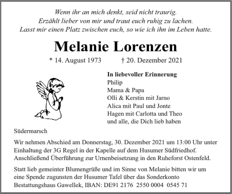  Traueranzeige für Melanie Lorenzen vom 24.12.2021 aus Husumer Nachrichten