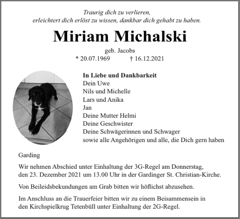  Traueranzeige für Miriam Michalski vom 21.12.2021 aus Husumer Nachrichten