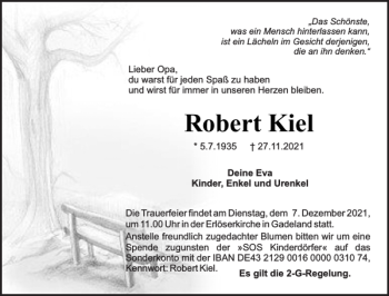 Traueranzeige von Robert Kiel von Holsteinischer Courier