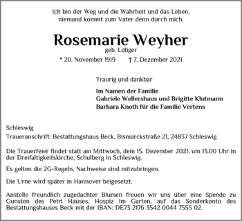 Traueranzeige von Rosemarie Weyher von Schleswiger Nachrichten