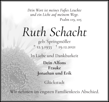 Traueranzeige von Ruth Schacht von Norddeutsche Rundschau