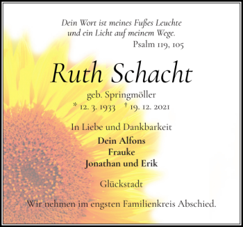 Traueranzeige von Ruth Schacht von Norddeutsche Rundschau