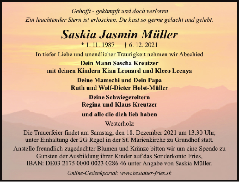  Traueranzeige für Saskia Jasmin Müller vom 11.12.2021 aus Flensburger Tageblatt