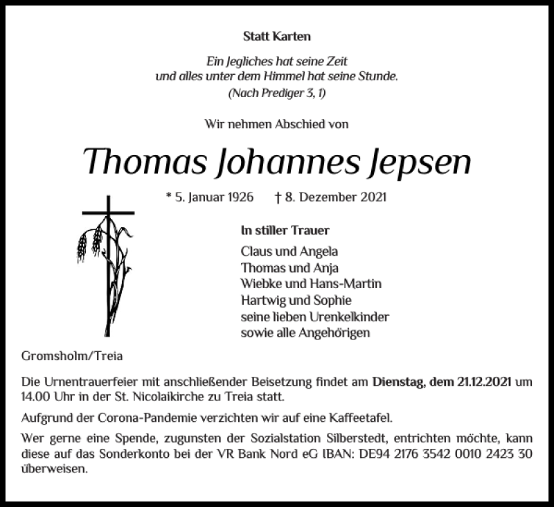  Traueranzeige für Thomas Johannes Jepsen vom 11.12.2021 aus Flensburger Tageblatt
