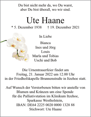 Traueranzeige von Ute Haane von Norddeutsche Rundschau