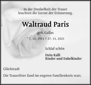 Traueranzeige von Waltraud Paris von Norddeutsche Rundschau