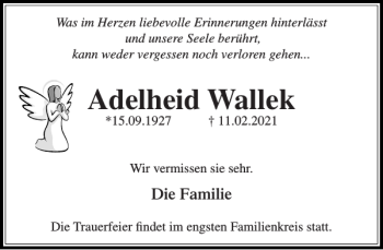 Traueranzeige von Adelheid Wallek von Stormarner Tageblatt