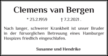 Traueranzeige von Clemens van Bergen von Schleswiger Nachrichten