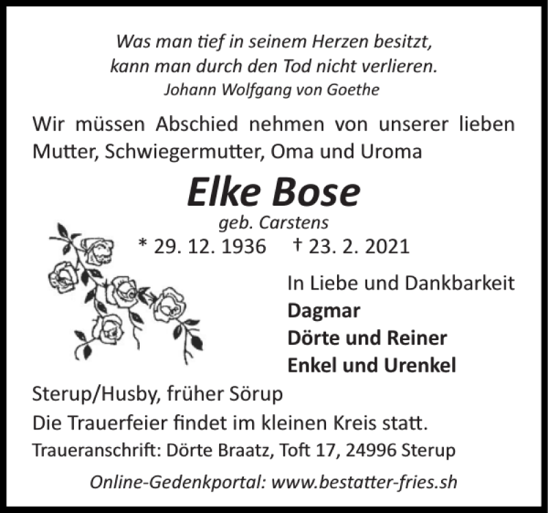  Traueranzeige für Elke Bose vom 27.02.2021 aus Flensburger Tageblatt