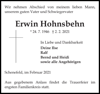 Traueranzeige von Erwin Hohnsbehn von Norddeutsche Rundschau