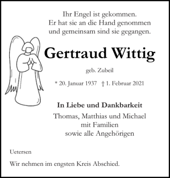 Traueranzeige von Gertraud Wittig von Pinneberger Tageblatt