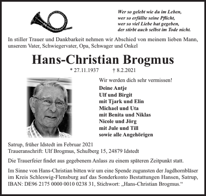  Traueranzeige für Hans-Christian Brogmus vom 13.02.2021 aus Flensburger Tageblatt