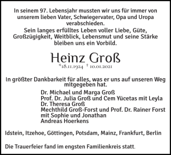 Traueranzeige von Heinz Groß von Norddeutsche Rundschau