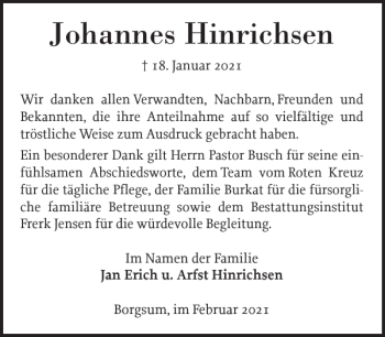 Traueranzeige von Johannes Hinrichsen von Der Insel-Bote