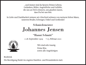Traueranzeige von Johannes Jensen von Flensburger Tageblatt