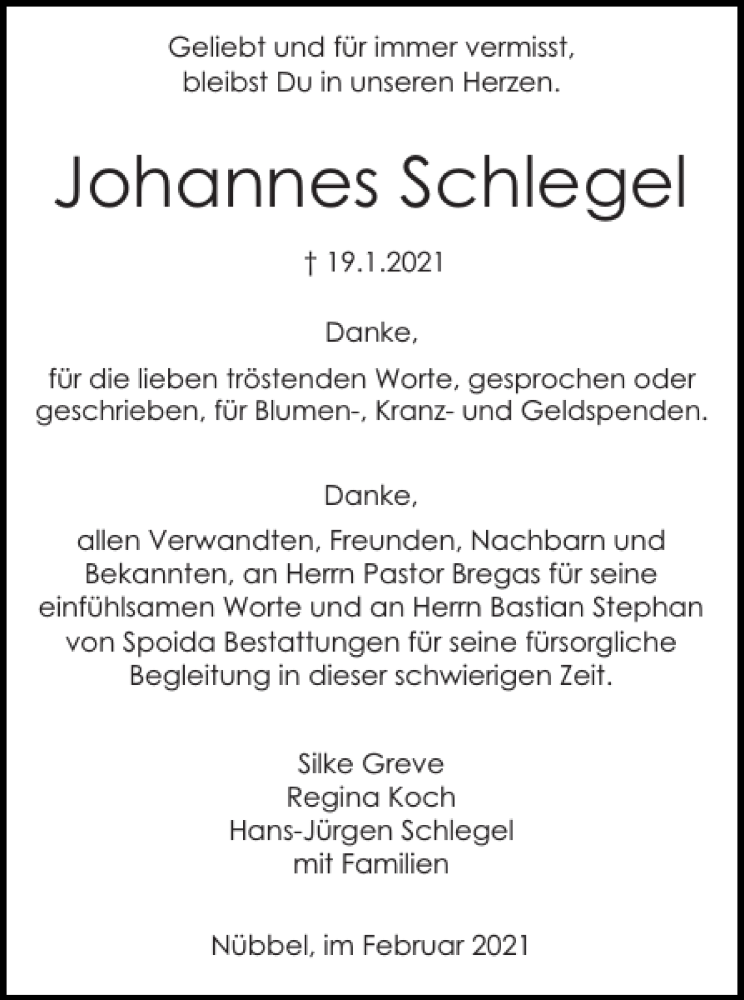  Traueranzeige für Johannes Schlegel vom 13.02.2021 aus Landeszeitung