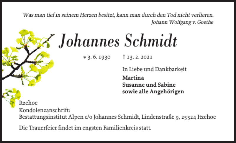  Traueranzeige für Johannes Schmidt vom 20.02.2021 aus Norddeutsche Rundschau