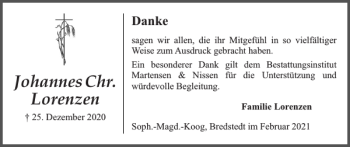 Traueranzeige von Johannes Chr. Lorenzen von Husumer Nachrichten