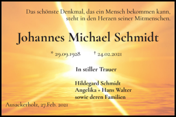 Traueranzeige von Johannes Michael Schmidt von Flensburger Tageblatt
