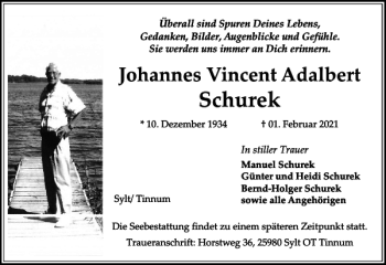 Traueranzeige von Johannes Vincent Adalbert Schurek von Sylter Rundschau