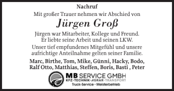 Traueranzeige von Jürgen Groß von Flensburger Tageblatt