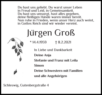 Traueranzeige von Jürgen Groß von Schleswiger Nachrichten