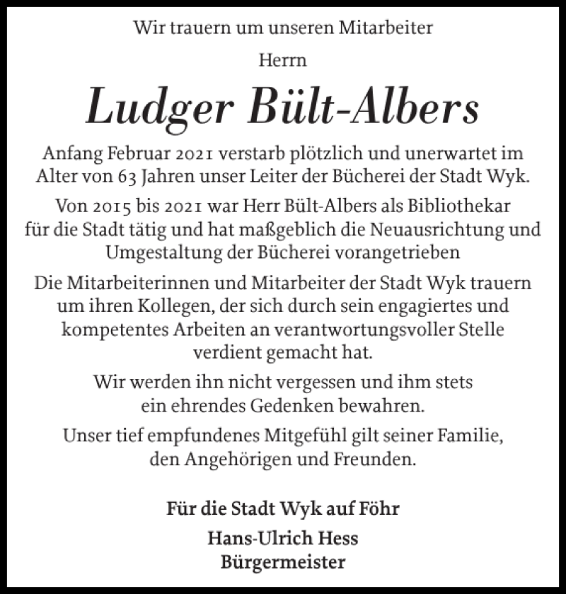  Traueranzeige für Ludger Bült-Albers vom 17.02.2021 aus Der Insel-Bote