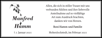 Traueranzeige von Manfred Hamm von Norddeutsche Rundschau