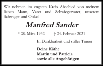 Traueranzeige von Manfred Sander von Husumer Nachrichten