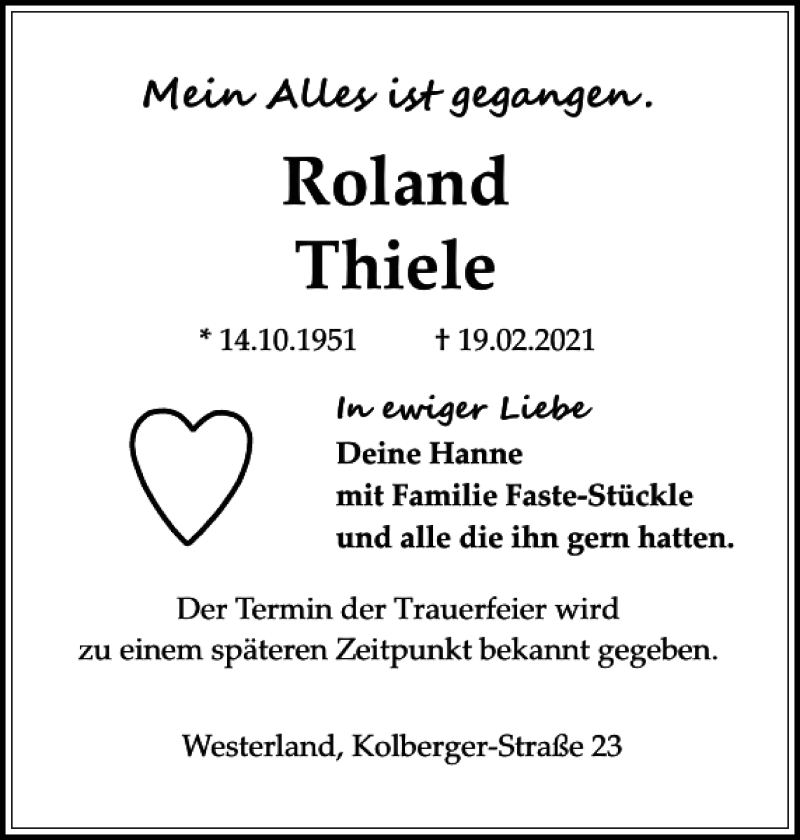  Traueranzeige für Roland Thiele vom 27.02.2021 aus Sylter Rundschau