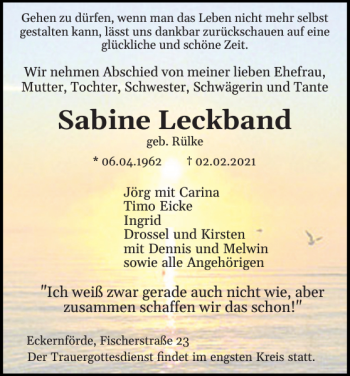Traueranzeige von Sabine Leckband von Eckernförder Zeitung