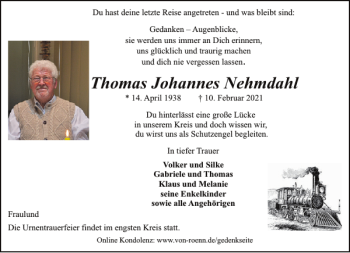 Traueranzeige von Thomas Johannes Nehmdahl von Flensburger Tageblatt
