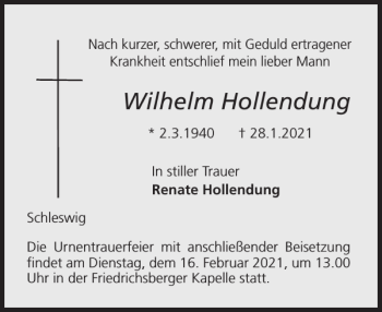Traueranzeige von Wilhelm Hollendung von Schleswiger Nachrichten