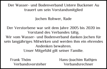 Traueranzeige von Der Wasser-und Bodenverband Untere Buckener Au  von Landeszeitung