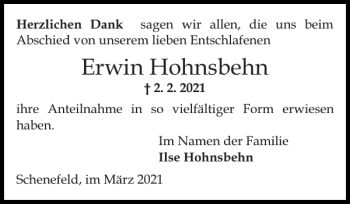 Traueranzeige von Erwin Hohnsbehn von Norddeutsche Rundschau