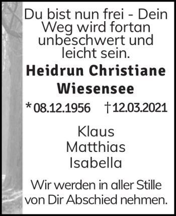 Traueranzeige von Heidrun Christiane Wiesensee von Eckernförder Zeitung