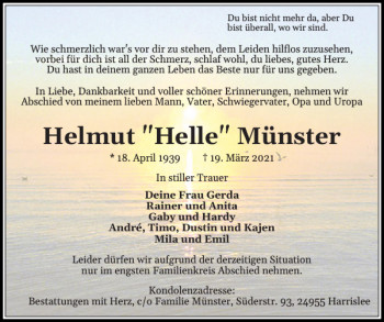Traueranzeige von Helmut Helle Münster von Flensburger Tageblatt