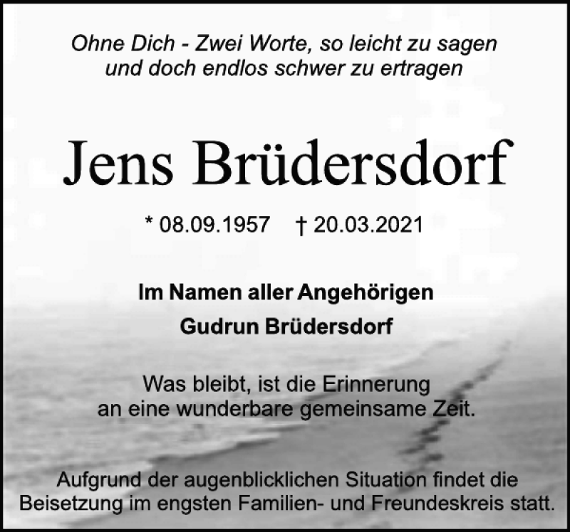  Traueranzeige für Jens Brüdersdorf vom 27.03.2021 aus Holsteinischer Courier
