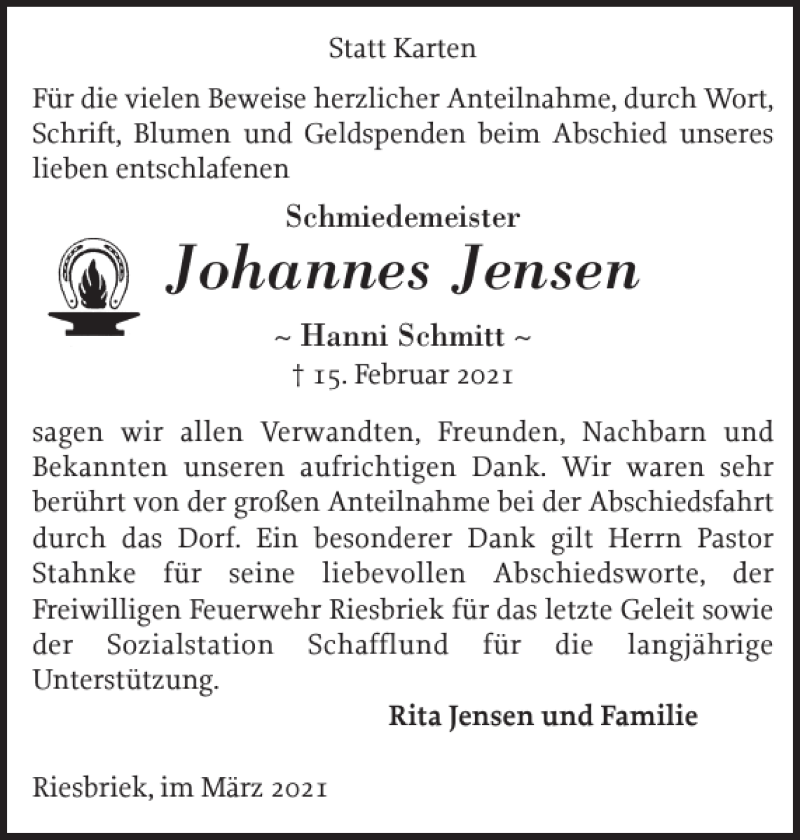  Traueranzeige für Johannes Jensen vom 20.03.2021 aus Flensburger Tageblatt